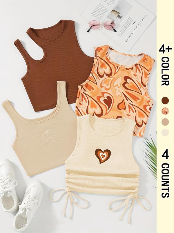 Women's Solid  Crop Tank Top   Heart Print Drawstring Ruched Crop Top Set, Casual Sleeveless Round   Asymmetrical Neck Top for Daily Wear, Ladies Clothes for All Seasons