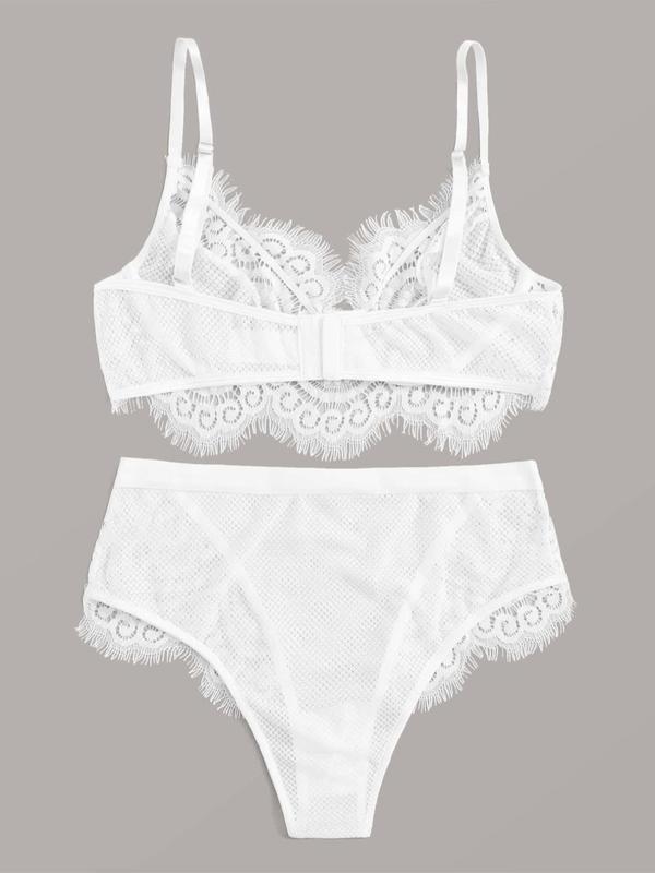 Women's Contrast Lace Sheer Sexy Mesh Lingerie Set, Scallop Trim Underwire Bra & Panty Set, Lingerie Set for Women