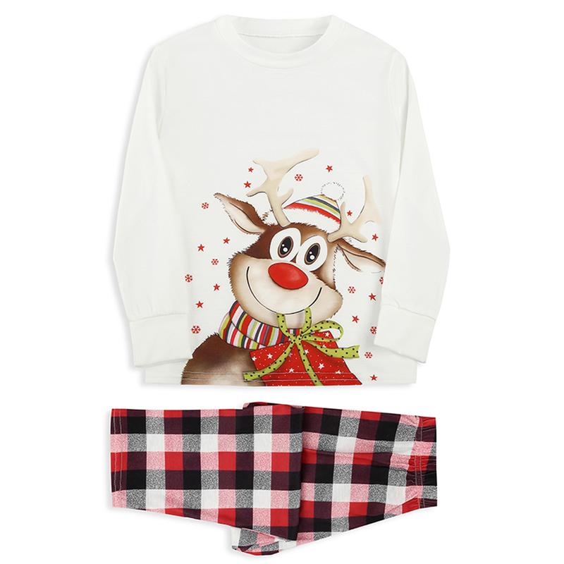 Christmas Pajamas For Family, Elk Print O-Neck Long Sleeve Tops+ Plaid Long Pants for Kids Adults