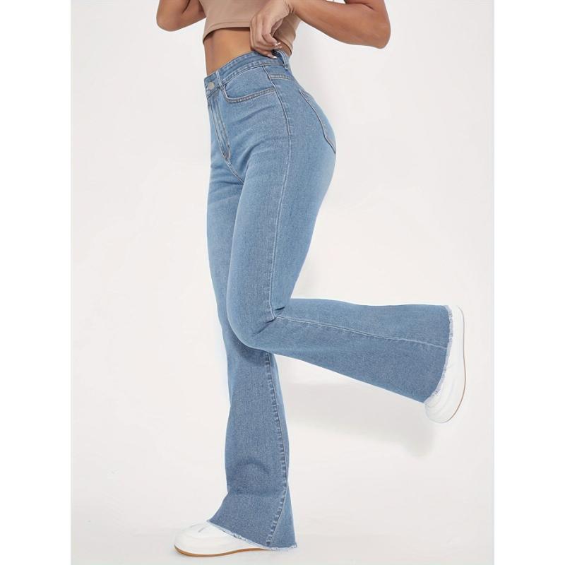 Blue High-Rise Flared Jeans with Raw Hem - Super Stretch Slim Fit Bell Bottoms - Retro Chic Denim for Womens Fashion