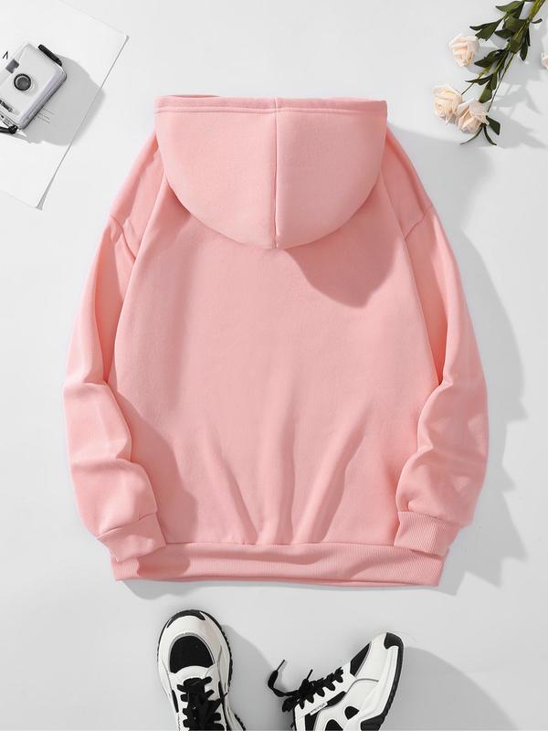  Letter Print Drawstring Pocket Hoodie, Casual Drop Shoulder Long Sleeve Hooded Sweatshirt, Ladies Fall & Winter Clothes for Daily Wear Graphic Hoodie