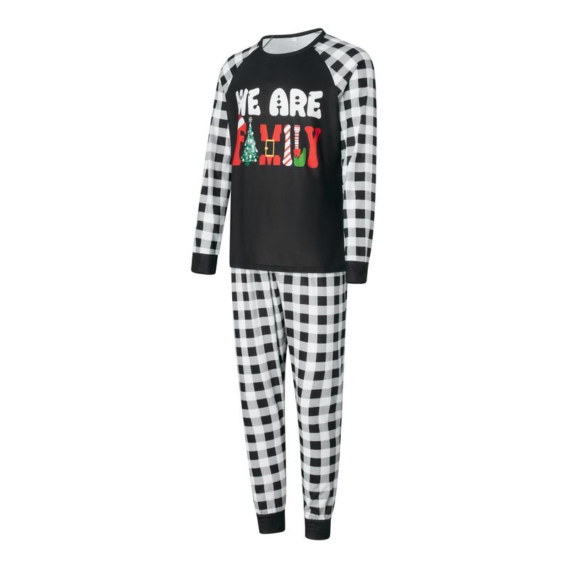 Christmas Family Pajamas Matching Set Letter Print Long Sleeve Tops and Plaid Pants Sleepwear