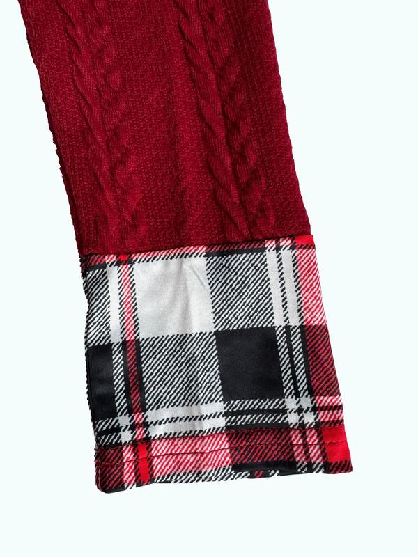 Women's Plaid Patchwork Print Button Front Cable Knit Hooded Knit Top, Casual Long Sleeve Asymmetrical Jumper for Fall & Winter, Women's Knitwear for Daily Wear