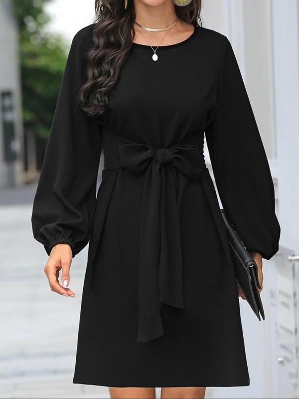 Women's Plain Bishop Sleeve Tie Front A Line Dress, Elegant Long Sleeve Round Neck Short Dress for Daily Outdoor Wear, Ladies Clothes for All Seasons