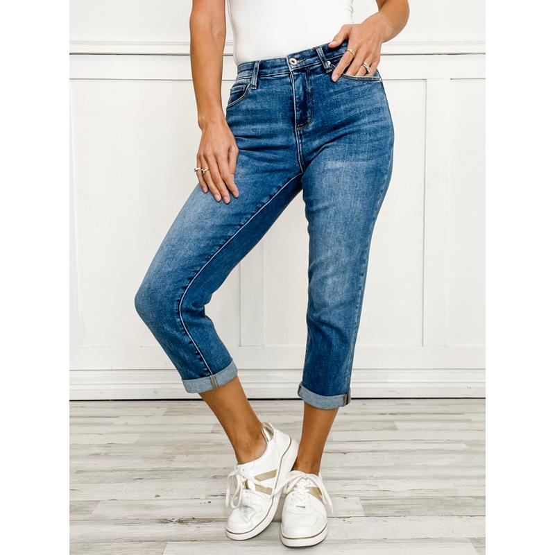 SPECIAL A Mid Rise Tummy Control Slim Boyfriend Jeans