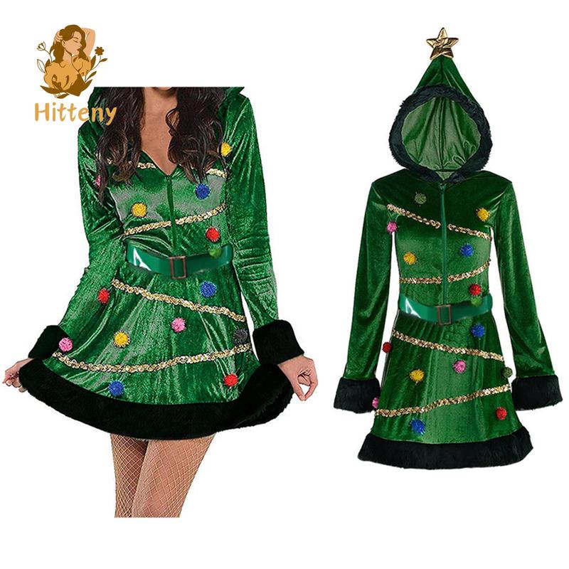 Women Christmas Tree Dress, Adult Hooded Sequin Fancy Costume with Belt, Pom-pom