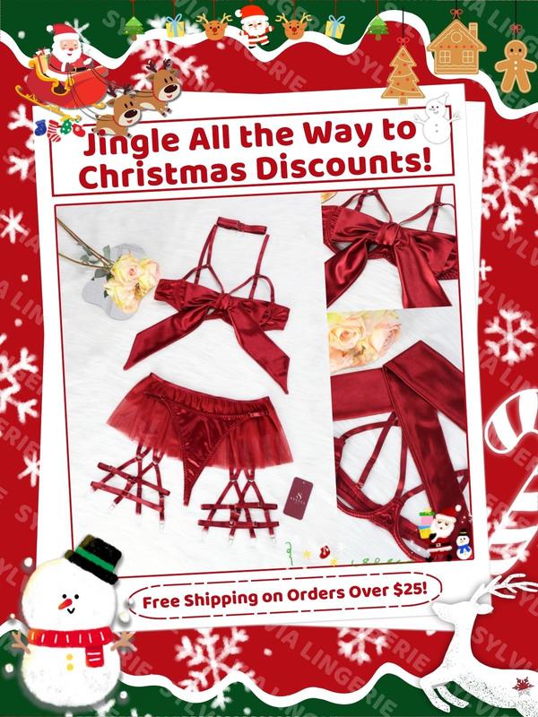 Women's 6pcs Sexy Silk Bow Front Push Up Bra Lingerie Set,Christmas Gift,Comfortable Underwear, girls conquet te outfit Nightdress Red  Black lingerieset Womenswear Lady sexy Sleepwear Elegance Feminine Basic Minimalist Nightgown Elegant Nightwear Spaghet