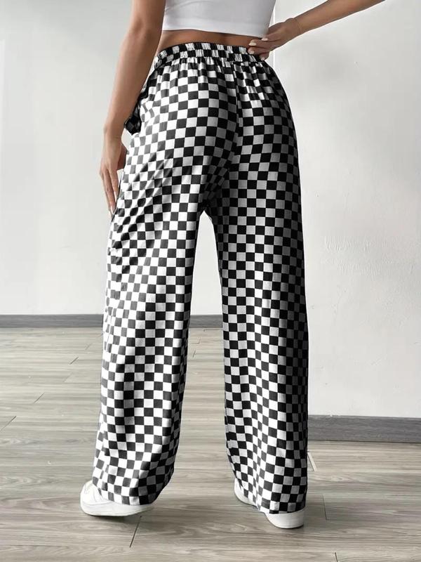  Plaid Print Drawstring Waist Wide Leg Pants, Casual Comfy Trousers for Women, Women's Bottoms for Fall & Winter