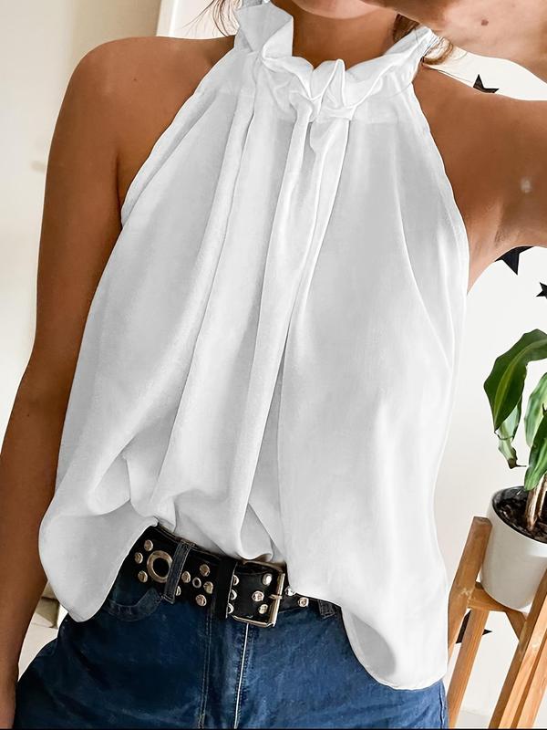 Plus Size Solid Color Ruffle Trim Halter Tie Back Tank Top, Plus Casual Elegant Chic Sleeveless Top for Summer, Women's Plus Clothing for Daily Wear