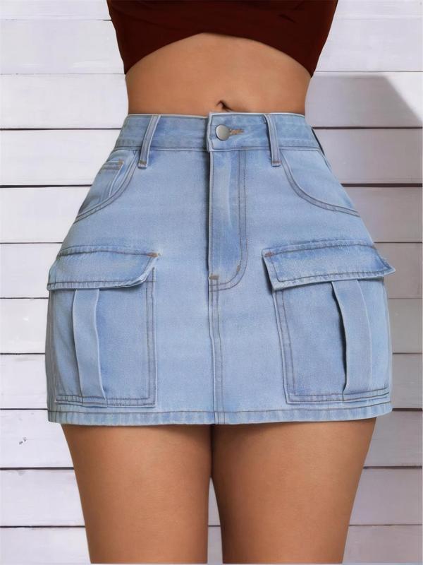 Women's Pocket Button Denim Skirt, Casual High Waist Mini Skirt, Ladies Bottoms for Daily Wear, Skirt for Women, Back To School Outfits, Denim Skirts for Women, Summer Outfits 2024