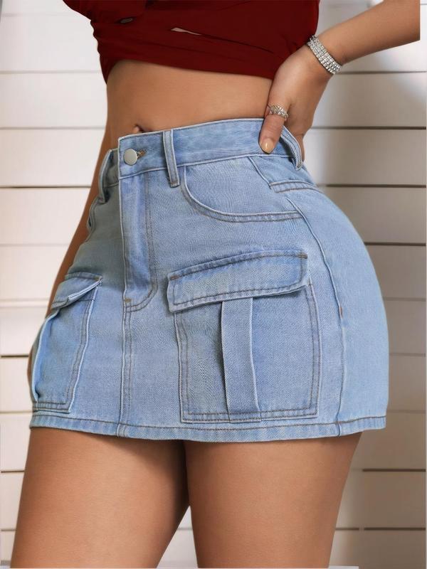 Women's Pocket Button Denim Skirt, Casual High Waist Mini Skirt, Ladies Bottoms for Daily Wear, Skirt for Women, Back To School Outfits, Denim Skirts for Women, Summer Outfits 2024