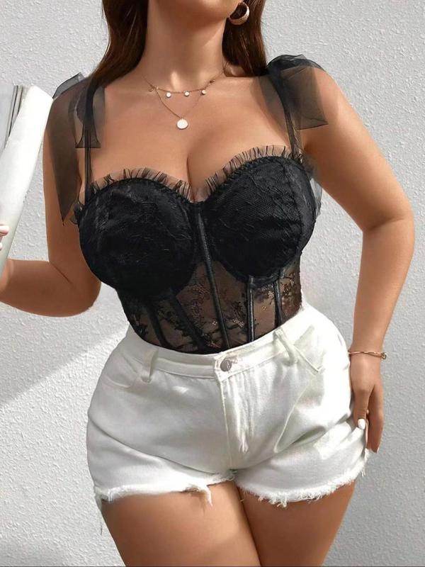 Plus Size Plain Floral Lace Sheer Knot Shoulder Lingerie Top, Casual Frill Trim Sweetheart Neck Backless Bra, Women's Underwear for All Seasons