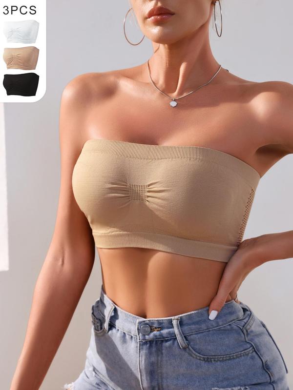 Women's Ruched Hollow Out Wireless Bandeau Bra, Solid Color Breathable Comfortable Seamless Lingerie Top for Daily Wear, Underwear for All Seasons