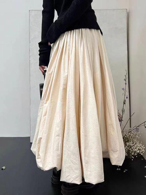 Women's Solid Elastic Waist A Line Skirt, Elegant Fashion High Waist Long Skirt for Daily Outdoor Wear, Women Bottoms for All Seasons