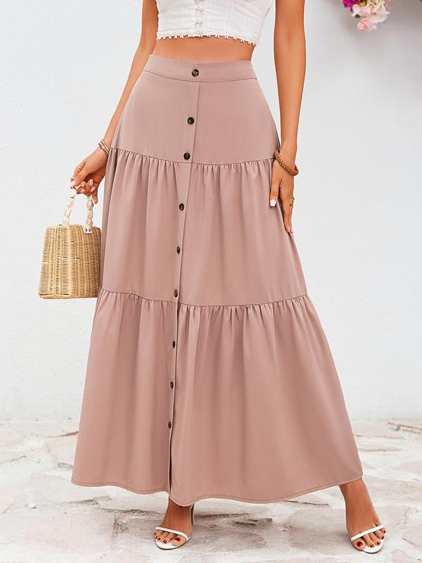 YOZY Women's Solid Fake Buttons A Line Skirt, Casual Ruffle Hem Zipper Back Long Skirt for Beach Holiday Vacation, Ladies Summer Clothes