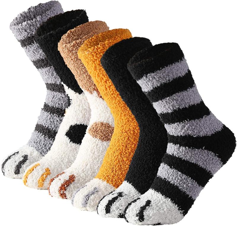 6 Pairs Cute Cat Paw Socks Women Winter Fuzzy Cozy Plush Slipper Socks