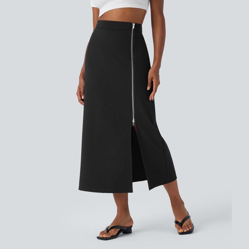 Halara High Waitsed 2-Way Zipper Split A Line Midi Casual Skirt