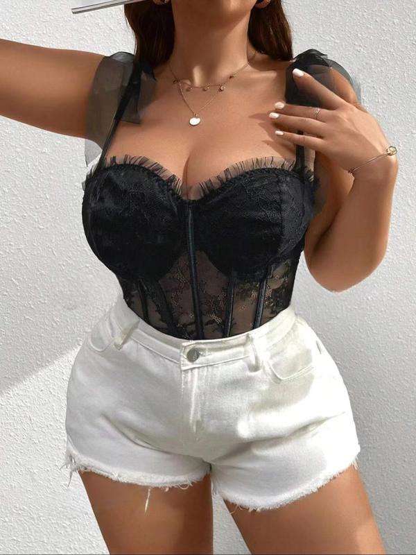 Plus Size Plain Floral Lace Sheer Knot Shoulder Lingerie Top, Casual Frill Trim Sweetheart Neck Backless Bra, Women's Underwear for All Seasons