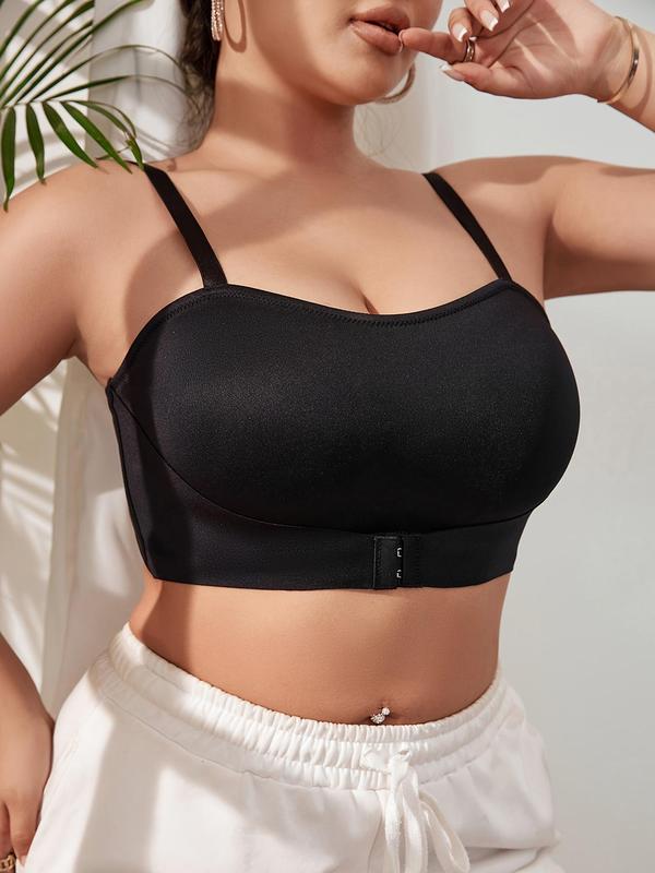 Plus Size Solid Adjustable Strap Push Up Bra, Hook Eye Design Comfy Breathable Lingerie Top for Daily Wear, Softness Lingerie for All Seasons