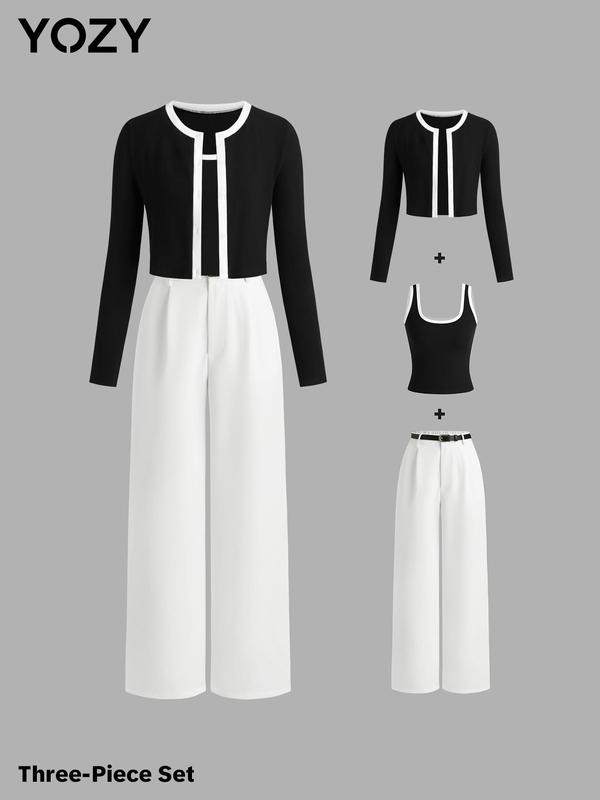 YOZY Three-piece Set Women's Contrast Trim Button Front Jacket & Square Neck Vest & Plain Belted Plicated Pocket Pants, Elegant Fashion Casual Outfits for Work Office Business, Ladies Clothes for Fall & Winter