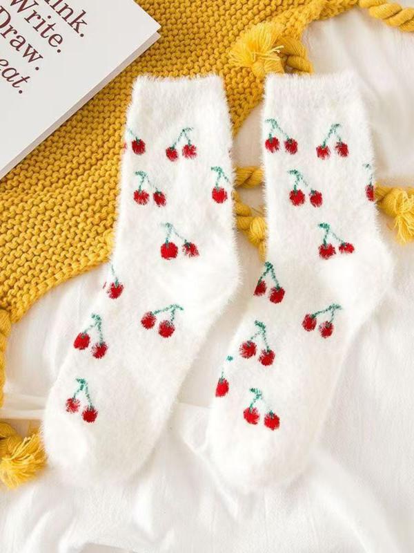 8 Pairs Of Strawberry Furry Socks for Women, Warm Winter Plush Slippers Fuzzy Socks,  Cute Fruit Design Soft Bed Socks, Perfect Gift for Her