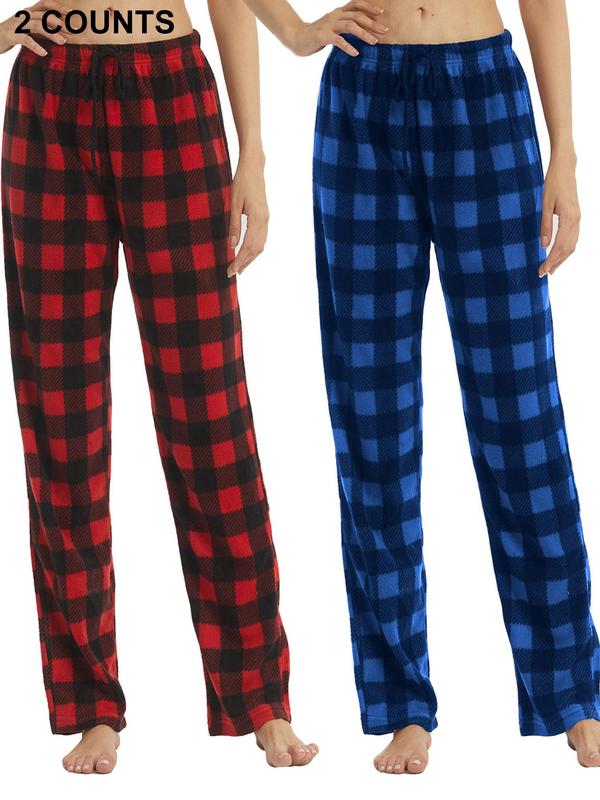 Women's Christmas Theme Plaid Print Drawstring Waist Soft Pajama Pants, Casual Comfy Fuzzy Sleep Bottoms for Winter, Lady's Sleepwear for Indoor Wear