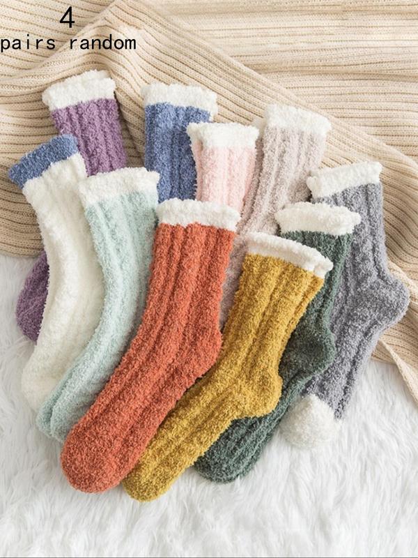 Women's 7 Pairs Colorblock Fuzzy Crew Socks, Stocking Gifts, Soft Comfy Warm Mid-calf Socks for Fall & Winter, Women's Socks for Daily Wear, Women's Gift Set, Cold Weather Gear, Fall Wear, Fallfreshness