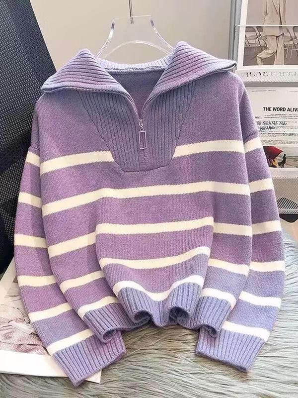 Women's Striped Print Zipper Drop Shoulder Sweater for Spring, Casual Long Sleeve Collared Jumper for Daily Outdoor Wear, Women's Knitwear Top for Fall, Downtown Girl Clothes