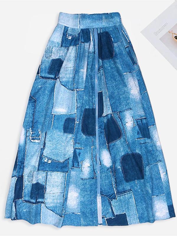 Women's Denim-Effect Print Zipper A Line Skirt, Casual Fashionable Maxi Skirt for Daily Outdoor Wear, Women Bottoms for Summer