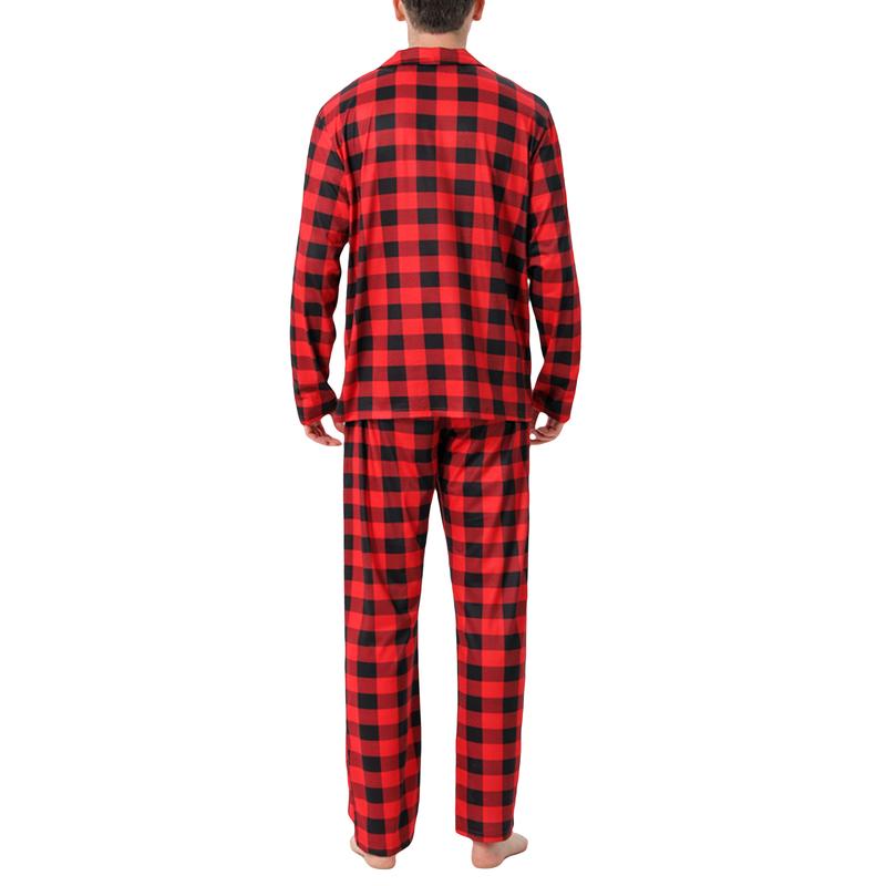 Red Black Matching Christmas Pajamas For Family, Plaid Print Long Sleeve Lapel Shirt, Pants, Dress, Jumpsuit, Dog Triangular Bib