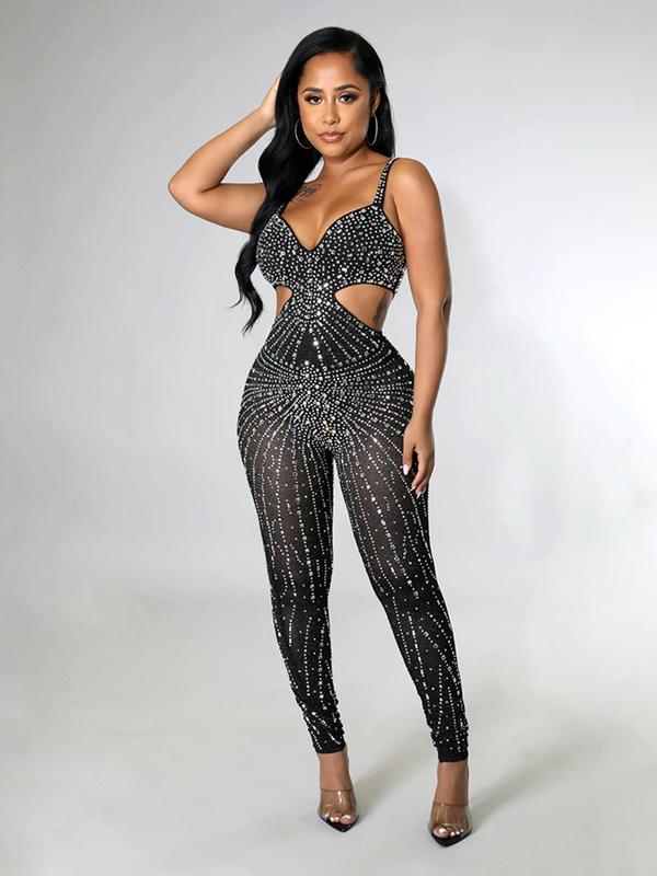 Women's Rhinestone Decor Sheer Cut Out Backless Skinny Cami Jumpsuit, Fashion Casual Zipper Back  Sleeveless Jumpsuit for Party Club Dating Wear, Women's Clothing for Summer