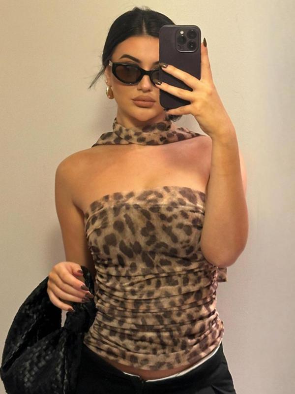 Women's Leopard Print Ruched Crop Tube Top & Tulle Scarf, Elegant Fashion 2000s Y2K Backless Top, Tube Tops for Summer, Ladies Summer Clothes for Dating Club Party Daily Wear