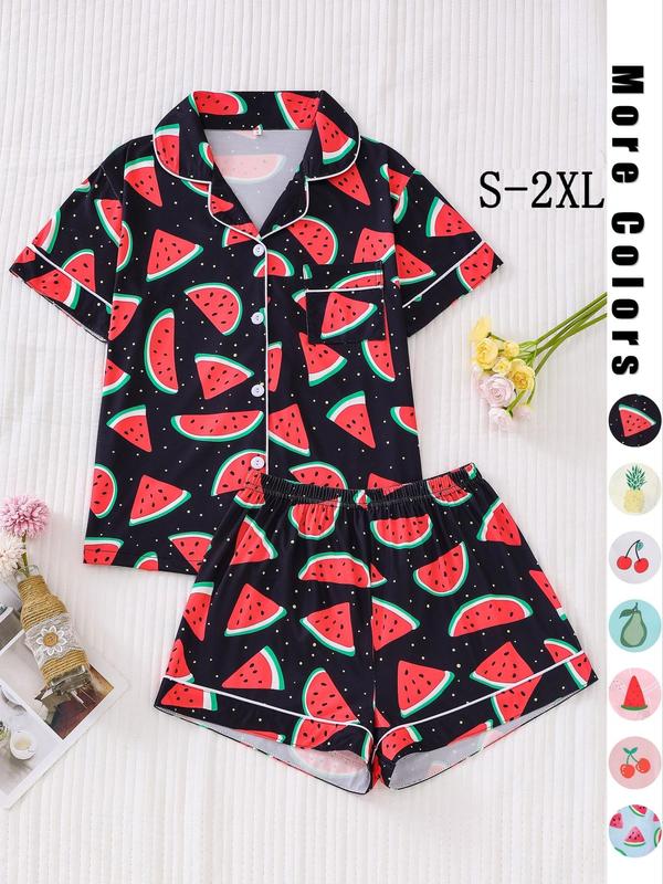 Two-Piece Set Women's Back To School All Over Fruit Print Button Front Shirt & Elastic Waist Shorts Pajama Set, Cute Short Sleeve Lapel Top & Shorts Pj Set, Summer Sleepwear Set, Two Piece Set Women, Summer Wear 2024, Homewear, Birthday Gifts