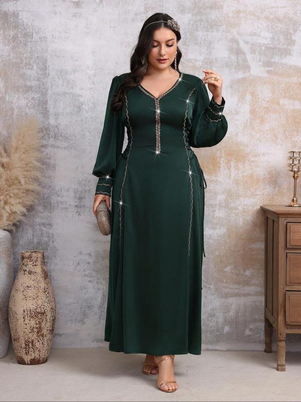  Rhinestone Decor V Neck A Line Dress, Elegant Bishop Sleeve Long Sleeve Dress for Party Holiday Wedding Guest, Women's Clothes for Fall & Winter