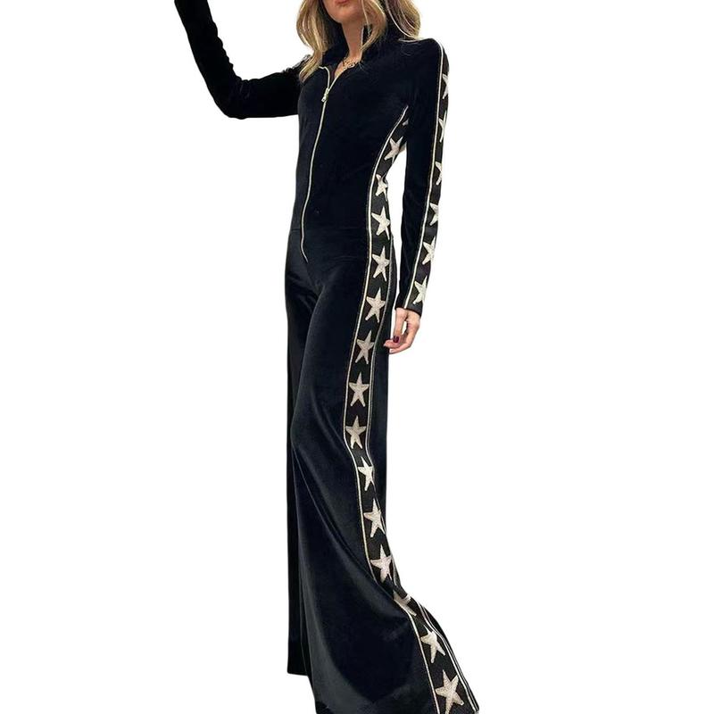 Women's Full-Length Velvet Jumpsuit, Star Print Long Sleeve Front Zipper Closure Playsuit Clubwear,Spring&Fall Holiday Outfits, Spring&Fall Sets 2024,Ladies Spring&Fall Clothes Womenswear Overalls