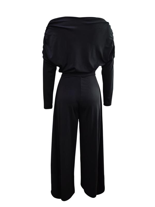 Plain Ruched Wrap Split Hem Jumpsuit for Women, Elegant Wide Leg Jumpsuit for Dating Daily Wear,  Overalls for Women, Ladies Clothes for All Seasons