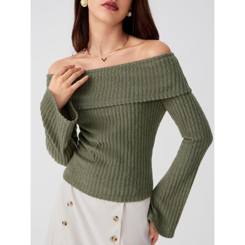 Cider [6 colors, Size 0-26] Off-shoulder Solid Long Sleeve Top