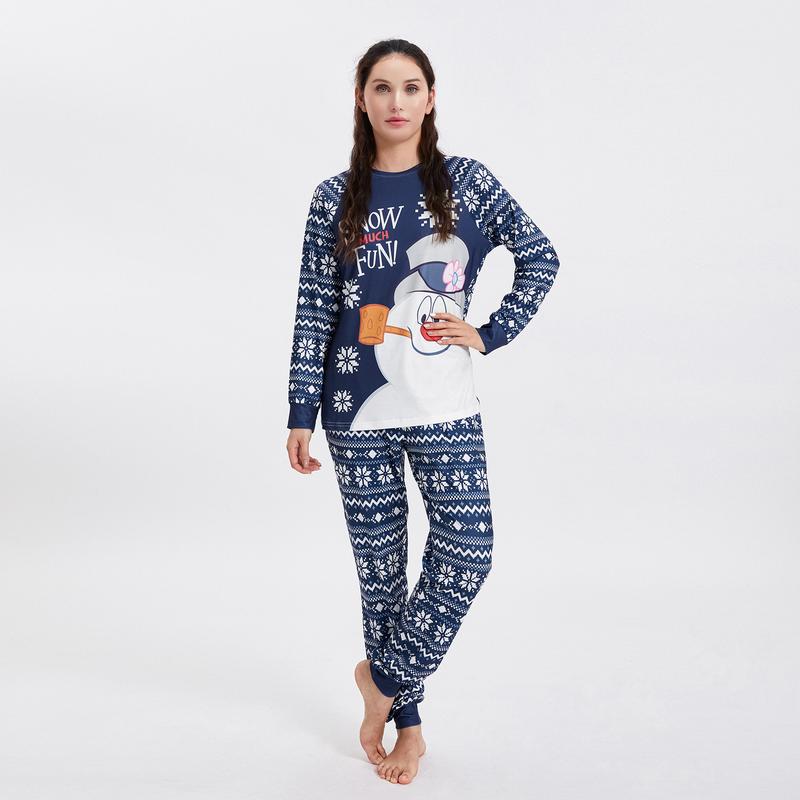 Snowman Print Matching Christmas Pajamas For Family Snowman Print Long Sleeve Tops and Snowflake Print Pants Sleepwear