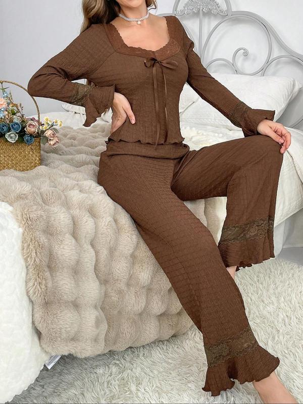 Two-piece Set Women's Contrast Lace Bow Decor Ribbed Pajama, Flounce Sleeve Top & Pants Pj Set,  Pajama Sets Women, Women's Sleepwear for Spring & Fall