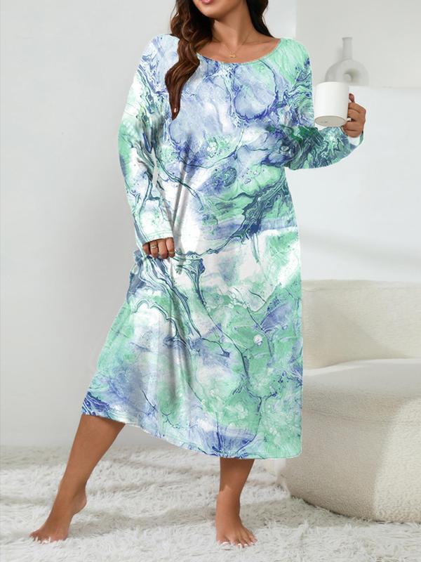  All Over Print Long Sleeve Nightdress, Casual Comfy Round Neck Nightgown for Women, Women's Sleepwear for Spring & Fall