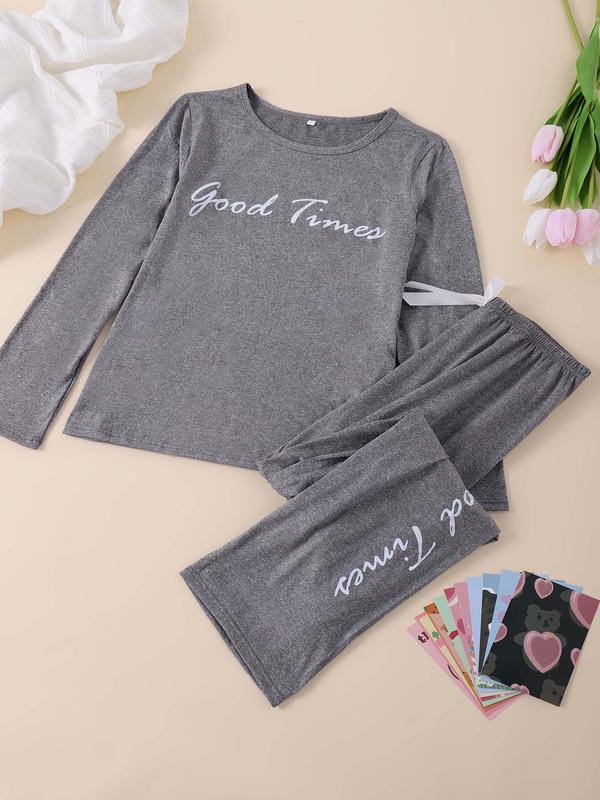 Two-piece Set Women's Letter Print Tee & Elastic Waist Pants Pyjama, Casual Comfy Round Neck Long Sleeve T-shirt & Bow Decor Trousers Pj Set, Ladies Sleepwear for All Seasons