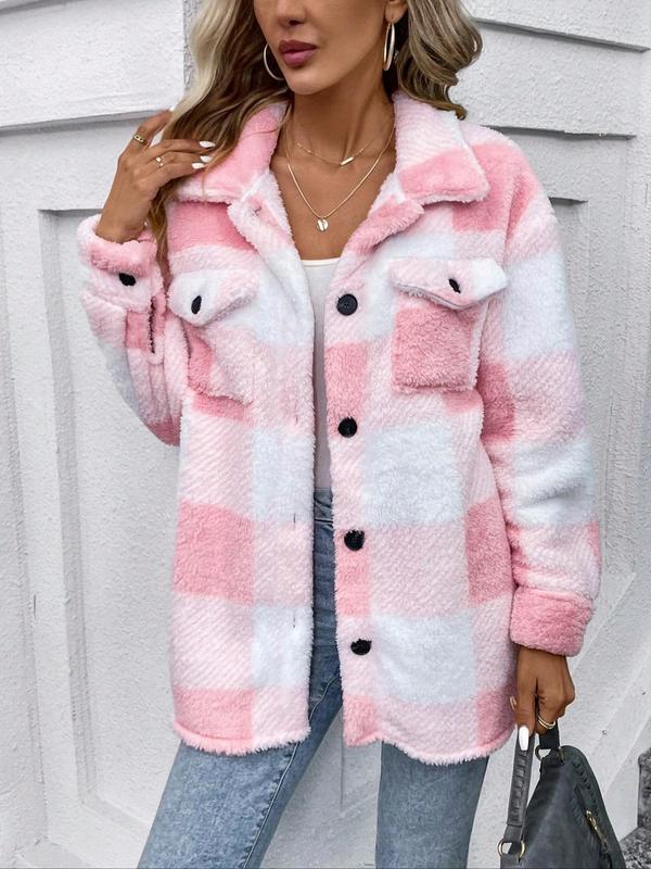 Women's Plaid Print Button Front Flap Pocket Fuzzy Flannel Jacket, Casual Drop Shoulder Long Sleeve Collared Outerwear for Fall & Winter, Ladies Clothes for Daily Wear