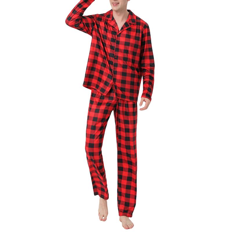 Red Black Matching Christmas Pajamas For Family, Plaid Print Long Sleeve Lapel Shirt, Pants, Dress, Jumpsuit, Dog Triangular Bib