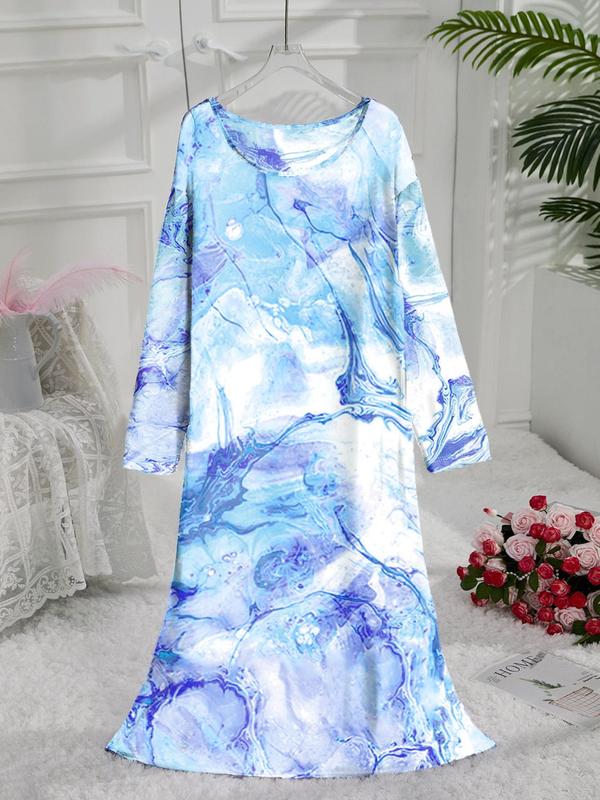  All Over Print Long Sleeve Nightdress, Casual Comfy Round Neck Nightgown for Women, Women's Sleepwear for Spring & Fall