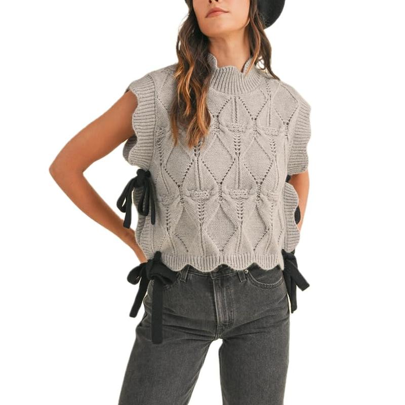 Women Y2K Ribbon Bow Sweater Vest Chunky Cap Sleeve Knit Vest with Bows Casual Lace Up Bandage Crochet Knit Tank Tops