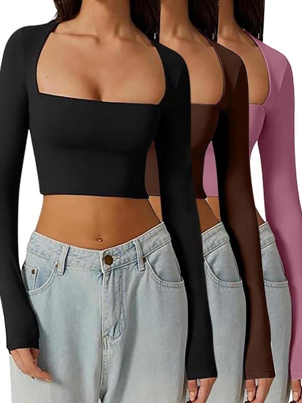 Women's Solid Scoop Neck Crop Tee, Casual Long Sleeve T-shirt for Spring & Fall, Mitsy Crop Top, T Shirts for Women, Women's Tops Clothes for Daily Wear