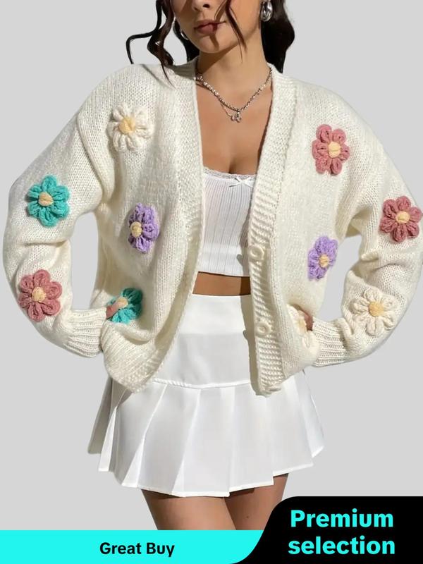 Women's 3D Floral Appliques Button Front Cardigan, Crochet Cardigan for Women, Fall Clothing Women, Casual Long Sleeve V Neck Knitwear for Fall & Winter, Going Out Top, Ladies Knit Clothing for Daily Wear