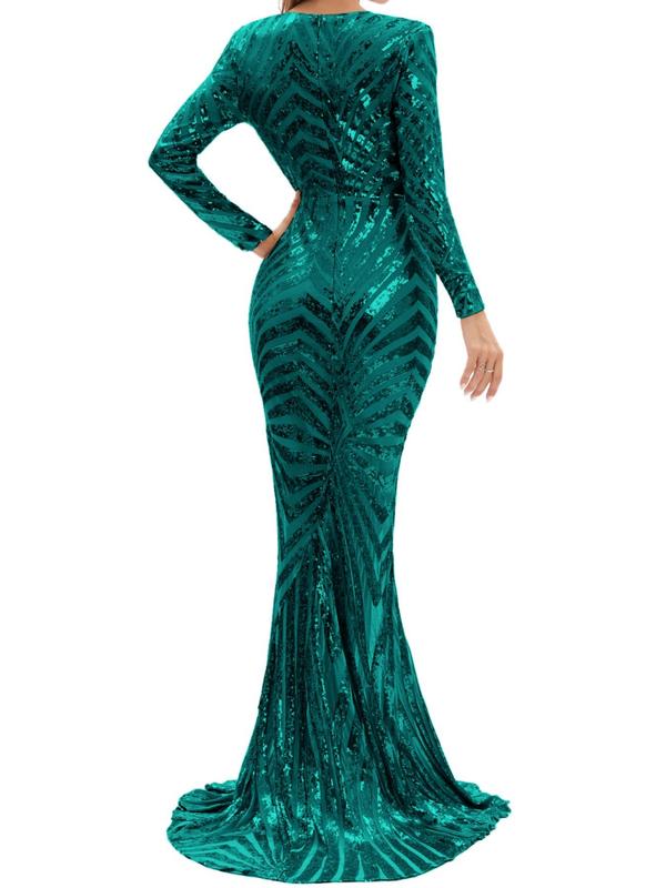 Women's Glitter Sequin Wrap V Neck Evening Dress, Elegant Long Sleeve Bodycon Dress For Evening Party Wedding, Ladies Spring & Fall Clothes