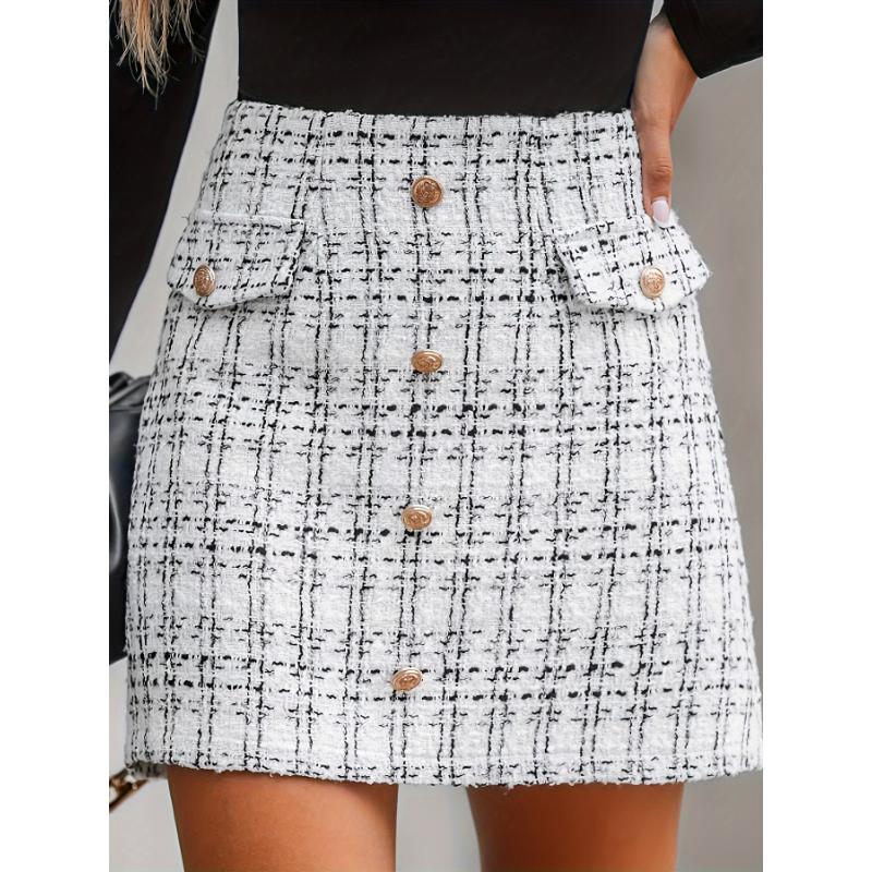 Plaid Pattern Single Breasted Skirt, Elegant High Waist Aline Skirt For Spring & Fall, Women's Clothing