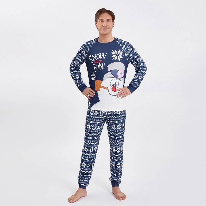 Snowman Print Matching Christmas Pajamas For Family Snowman Print Long Sleeve Tops and Snowflake Print Pants Sleepwear